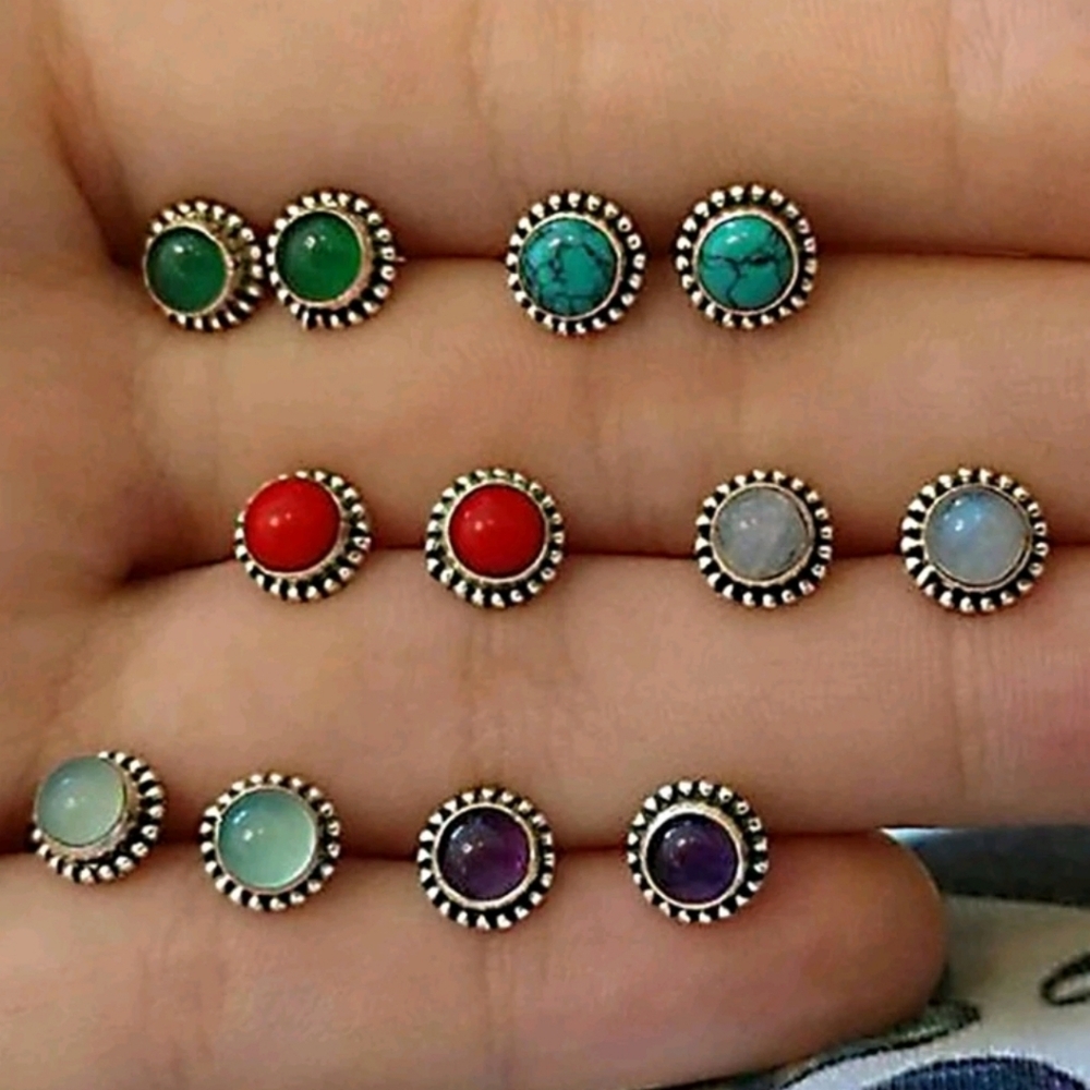 6 Pairs Vintage Inspired Gemstone Stud Earrings  Boho Round Retro Multicolor Set